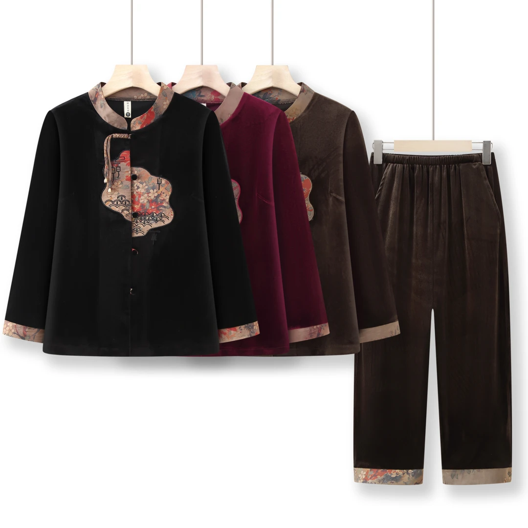 中式妈妈秋装两件套女装中老年汉服外套中老年女装加绒妈妈装时尚