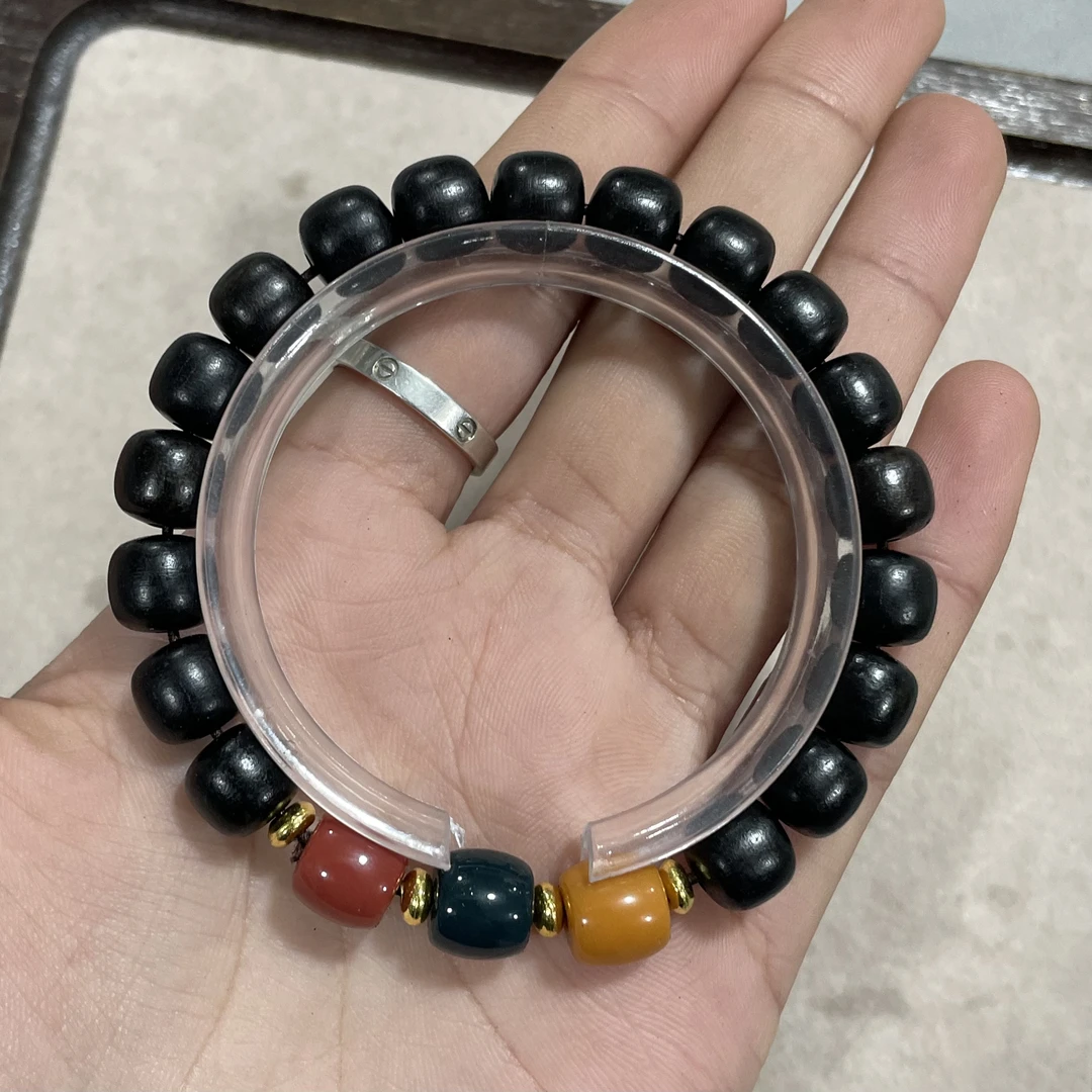 B37黑檀9×8桶珠 三色配色珠单圈手串