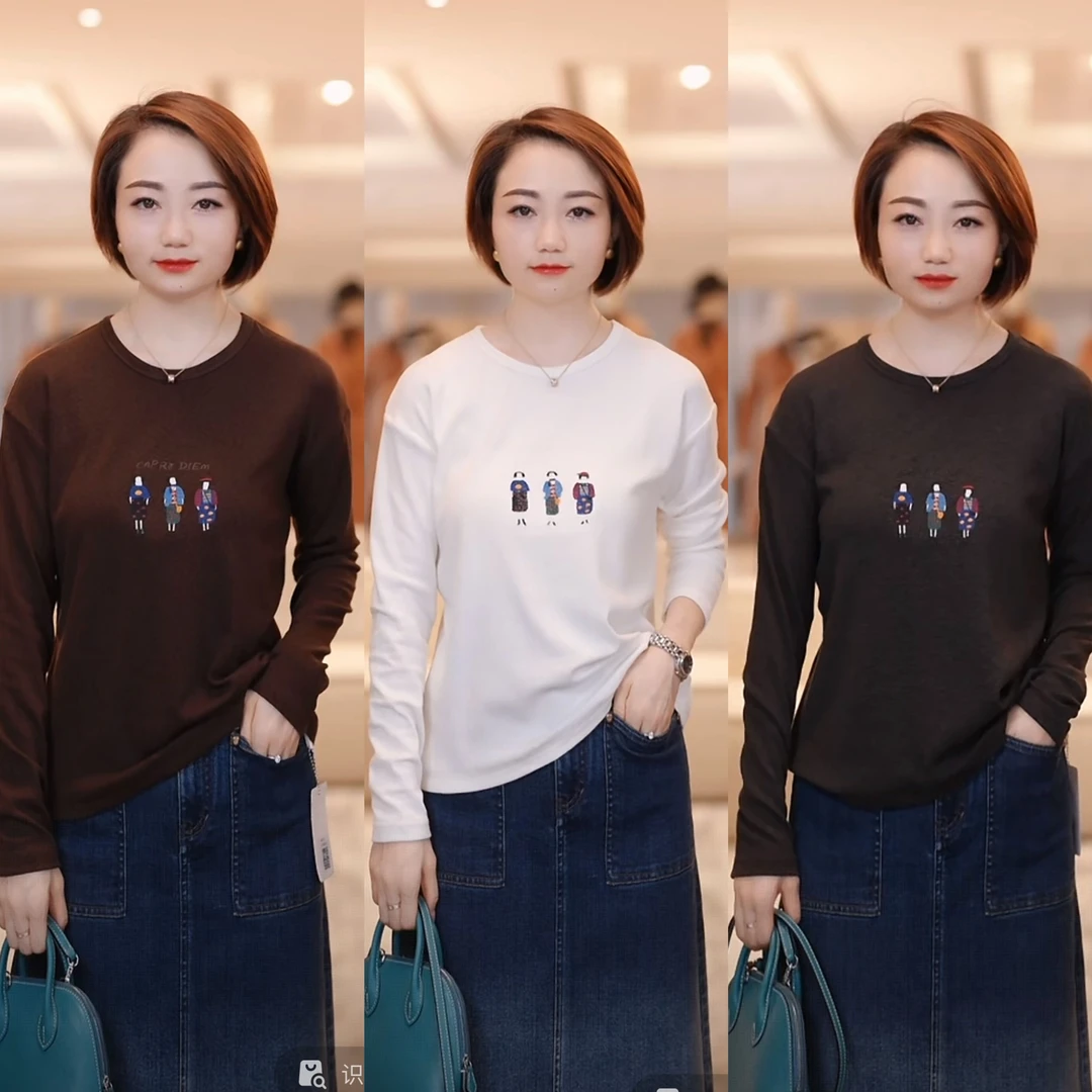 【三姐妹舒服T】靠谱之光 刺绣时髦女郎长袖圆领T恤SE51400