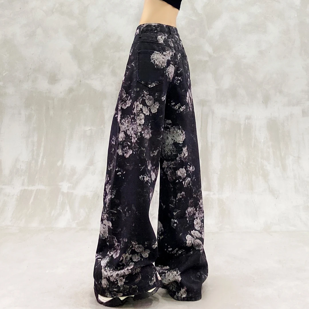 花朵印花设计水洗黑色牛仔裤女秋新款高腰宽松显瘦百搭直筒阔腿裤