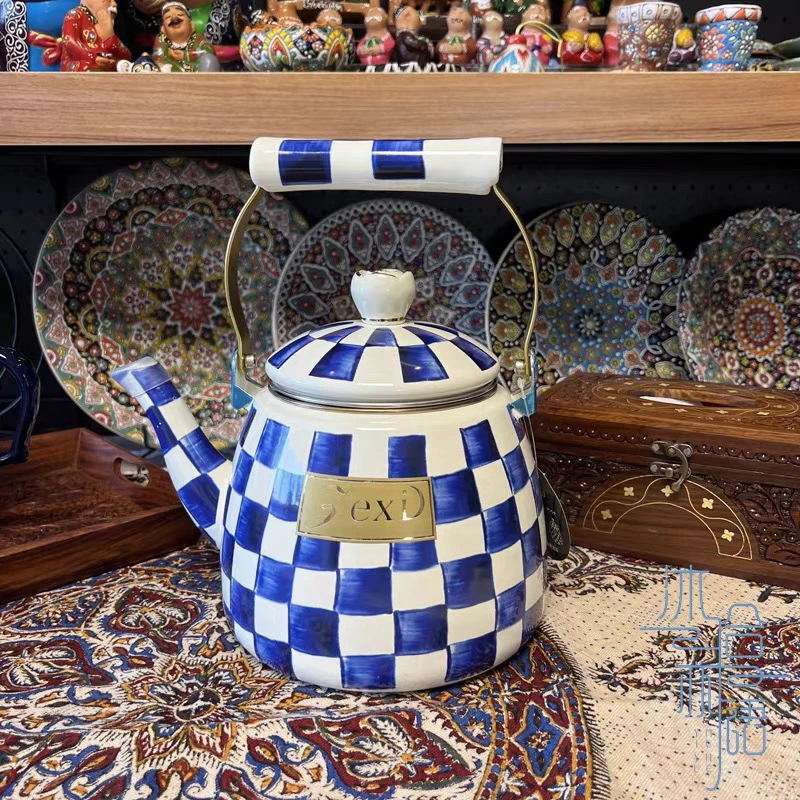 全国包邮大容量3.3L升棋盘格搪瓷茶壶带过滤网，质量非常好