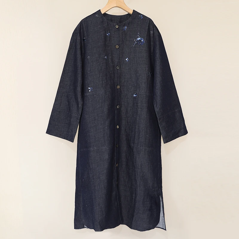 高级感气质牛仔蓝亚麻绣花钉珠绣花长外套女连衣裙设计感上衣