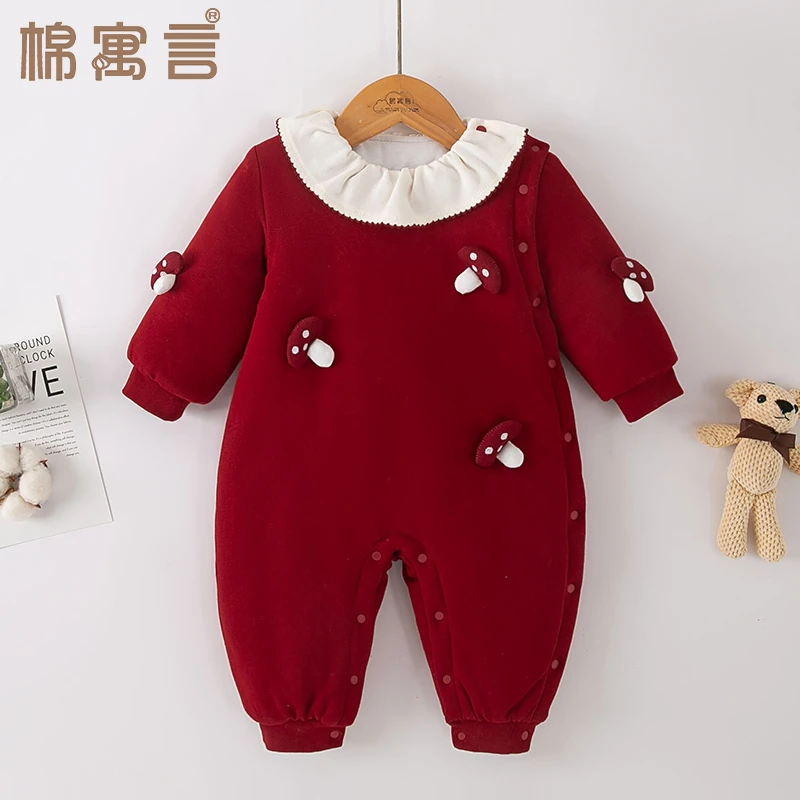 婴儿夹棉连体衣秋冬季纯棉加厚保暖哈衣爬服可爱女宝宝连身空调服