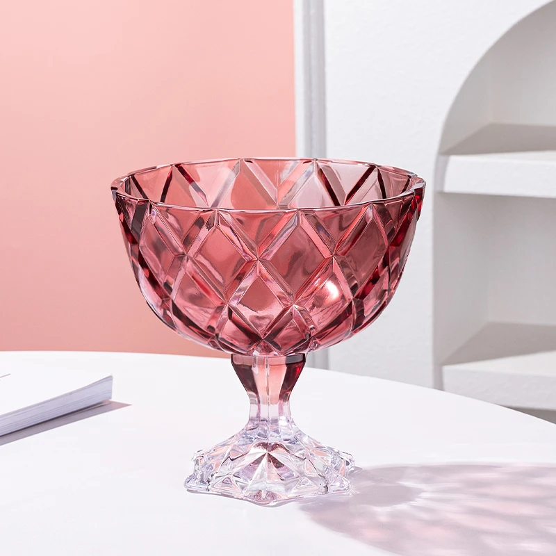 媚家酒红色菱格玻璃高脚果斗大容量家用客厅轻奢水果零食收纳