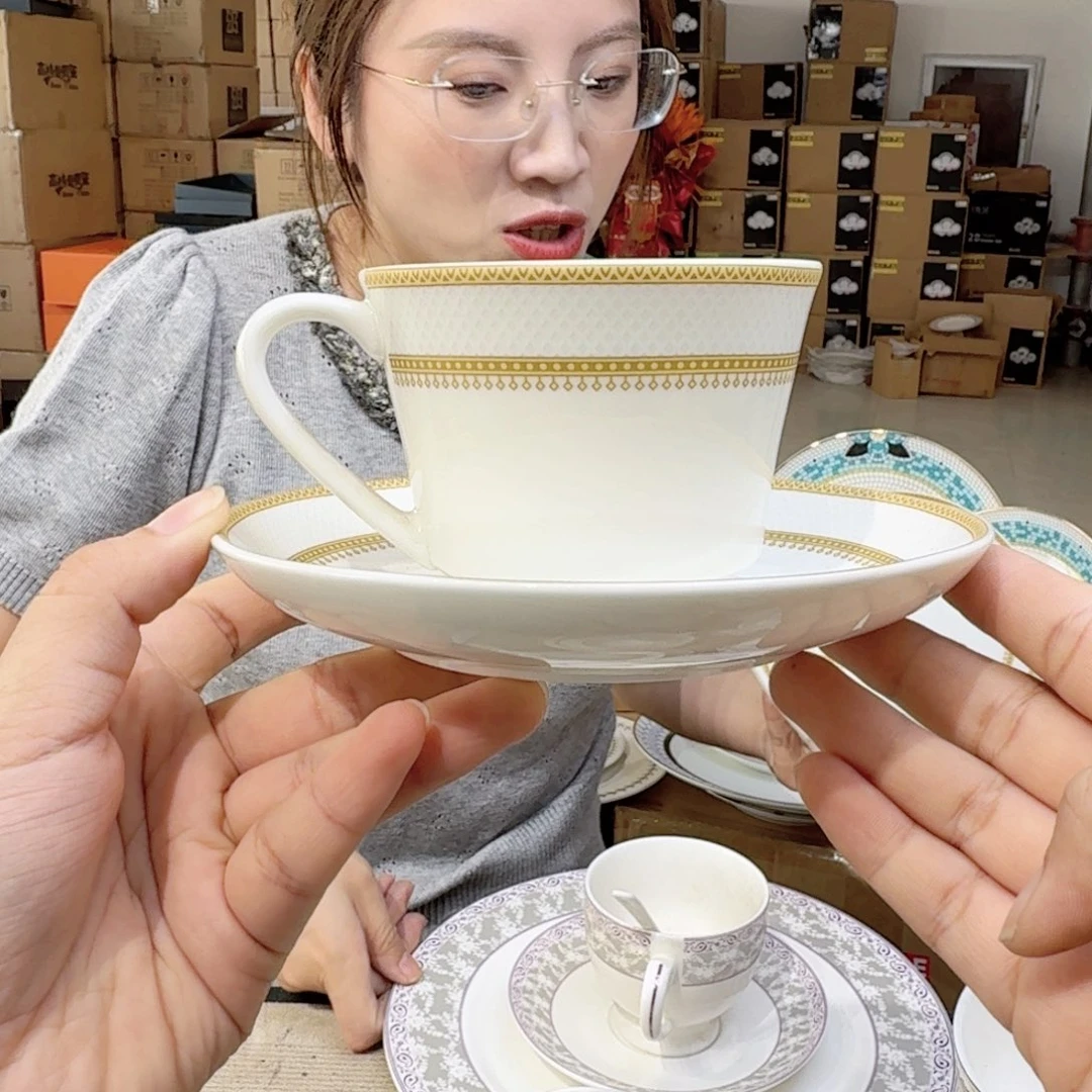 骨瓷骨瓷咖啡杯碟2套（6件）220ml外贸骨瓷