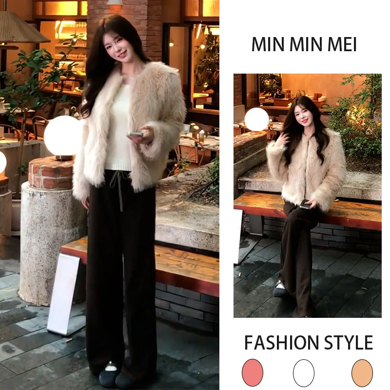 秋冬季ootd穿搭一整套复古气质毛绒绒外套加绒直筒裤显瘦两件套