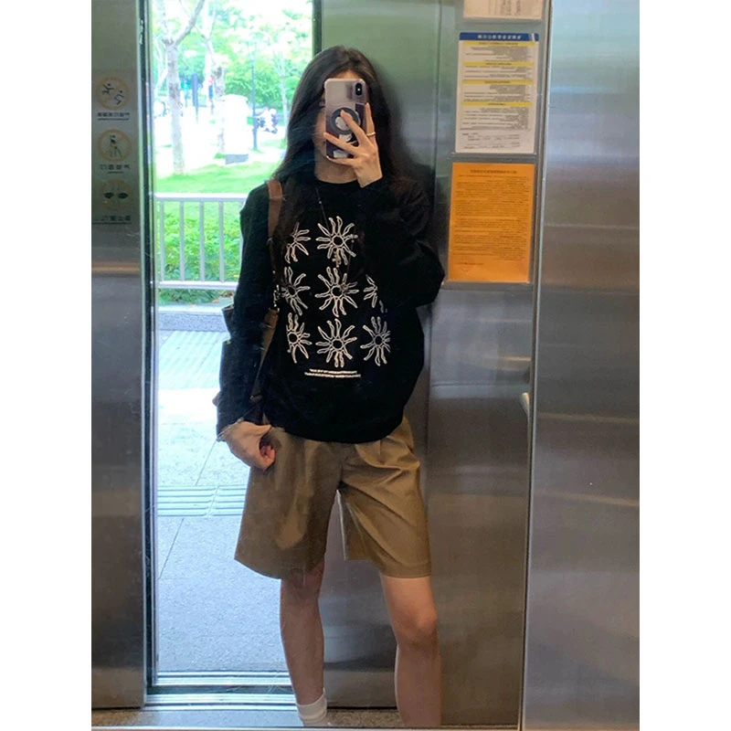 黑色太阳花长袖t恤男女秋季美式复古慵懒风打底衫vintage情侣卫衣