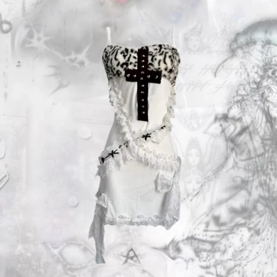 y2k涩谷千禧辣妹豹纹十字架拼接吊带亚比朋克收腰包臀吊带连衣裙