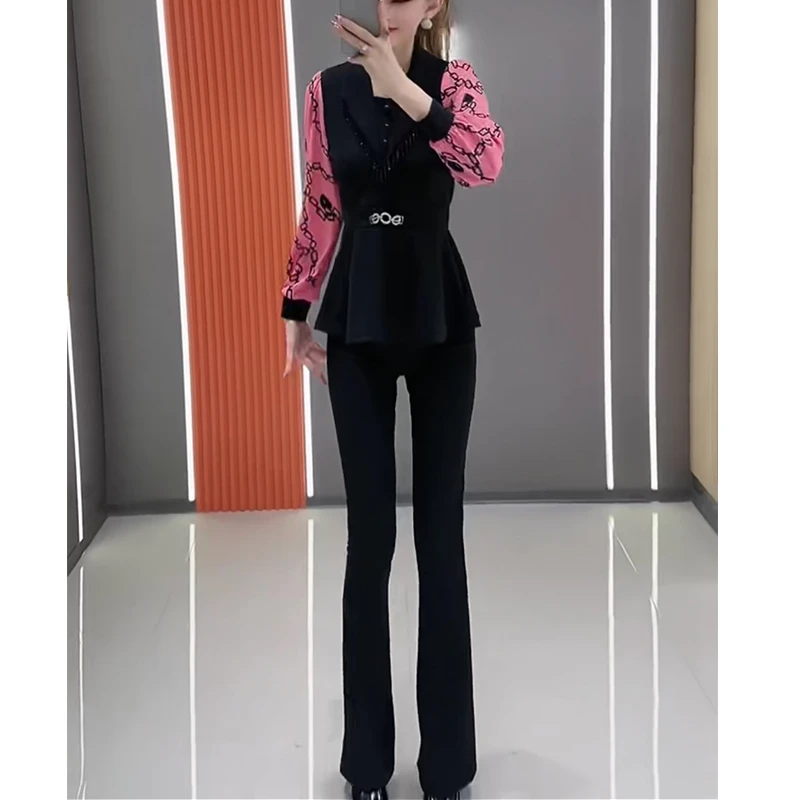 25年春季新款袖子拼接上衣搭配裤子时尚套装