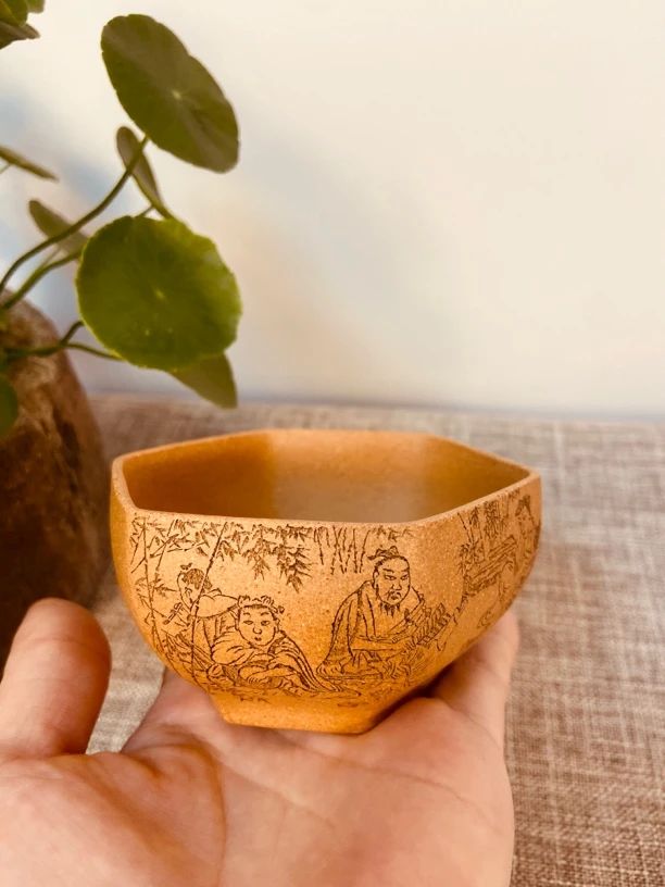 黄段泥主人杯六方，全手工刻绘竹林七贤，满容量150毫升