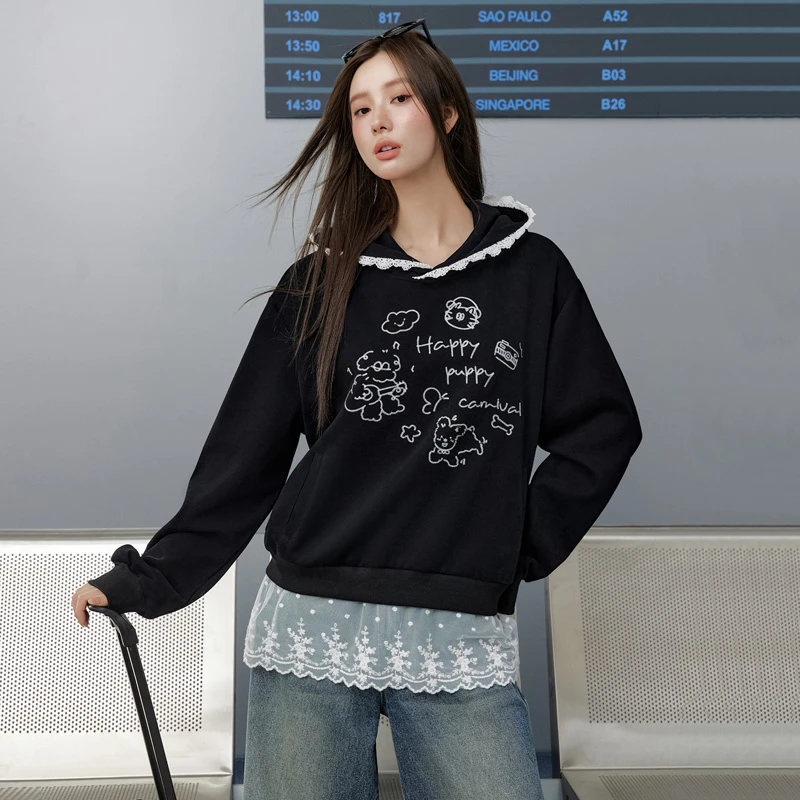 0305【金拐子专属】UNIFREE假两件连帽卫衣蕾丝拼接U251A020V1B1