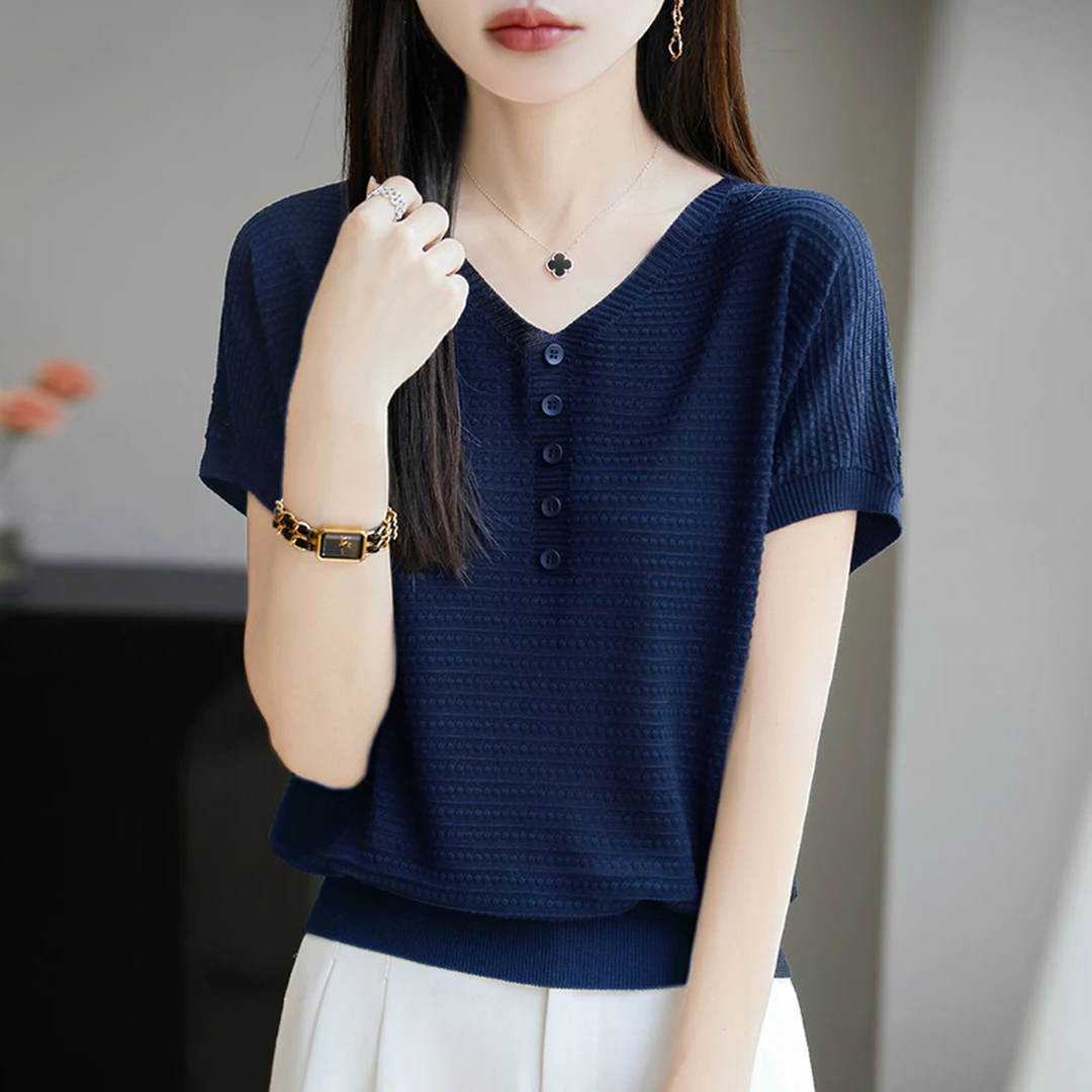 胖mm夏装大码冰丝针织衫女士短袖t恤2025新款遮肚子巨显瘦v领上衣