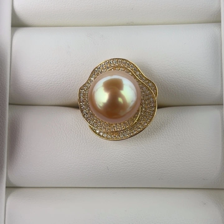 银S925镶嵌戒指/指环定制海水珍珠12.8mm金珠一颗