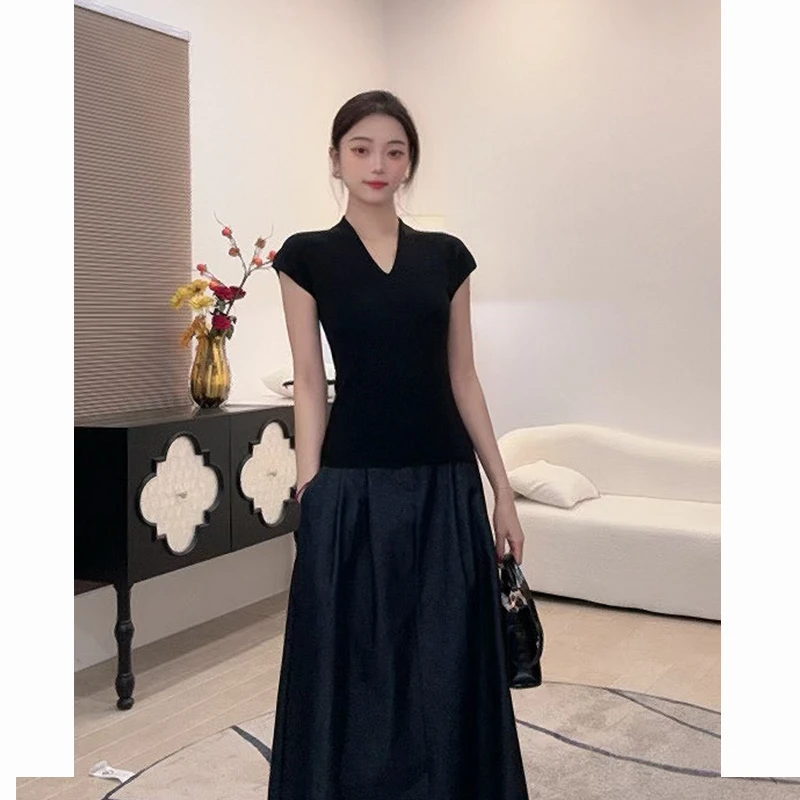 V领正肩显瘦小飞袖短袖t恤女2025夏季新款设计感系带镂空上衣099