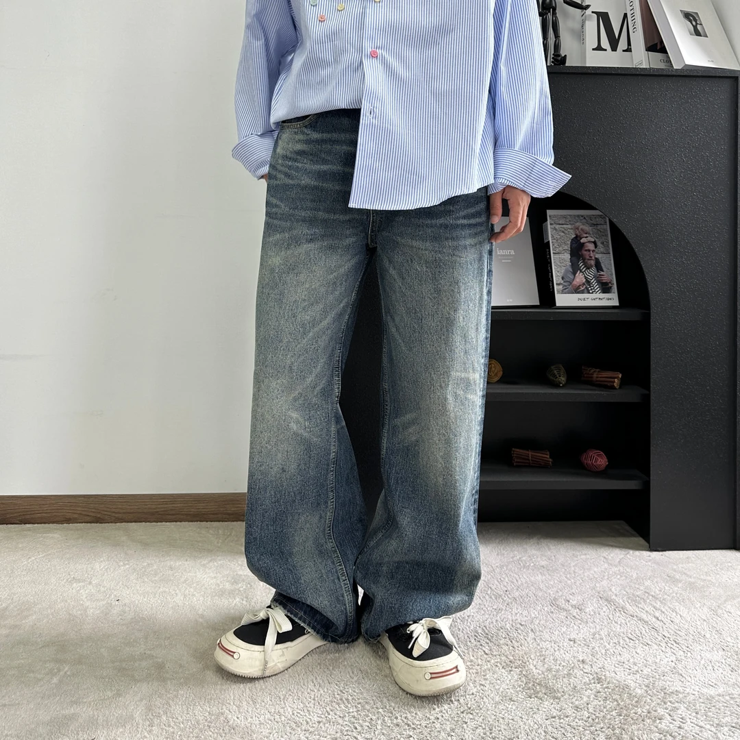 秋复古直筒微喇裤男中腰水洗牛仔裤港风学院风宽松显瘦长裤情侣款