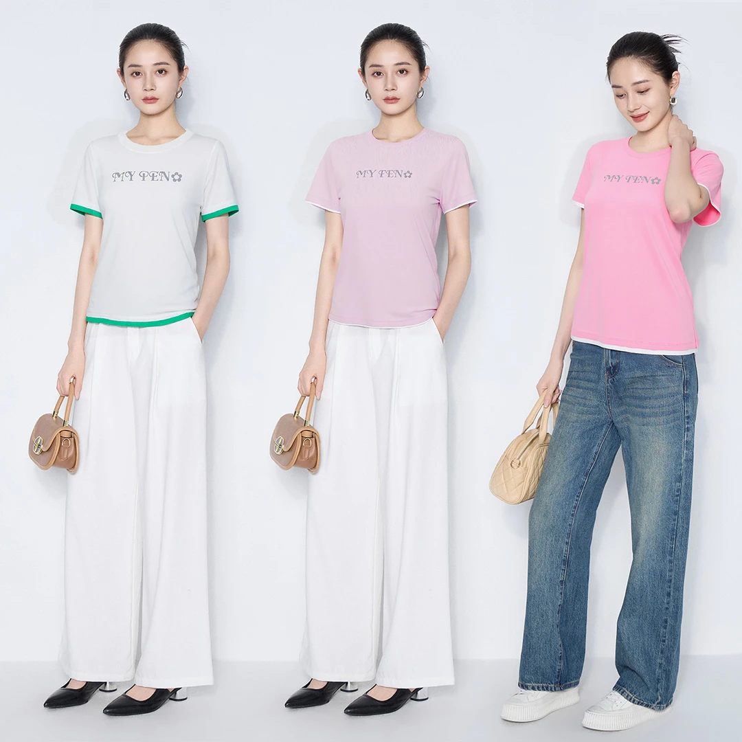 【联想惠甄选】马天奴时尚显瘦套装短袖修身气质字母T恤VHS837KWH0