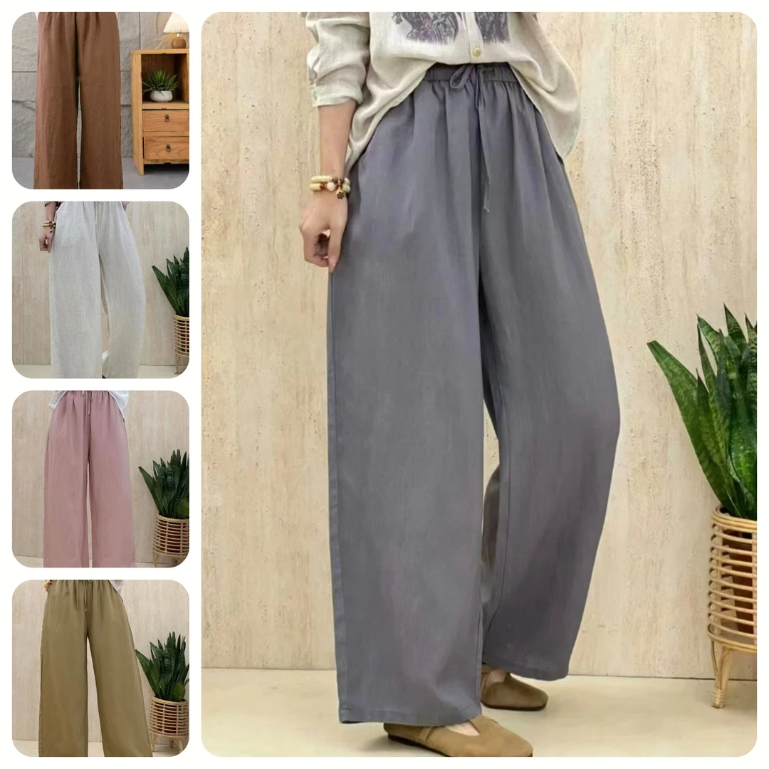 女款亚麻阔腿裤八个颜色松紧腰均码裤长96公分