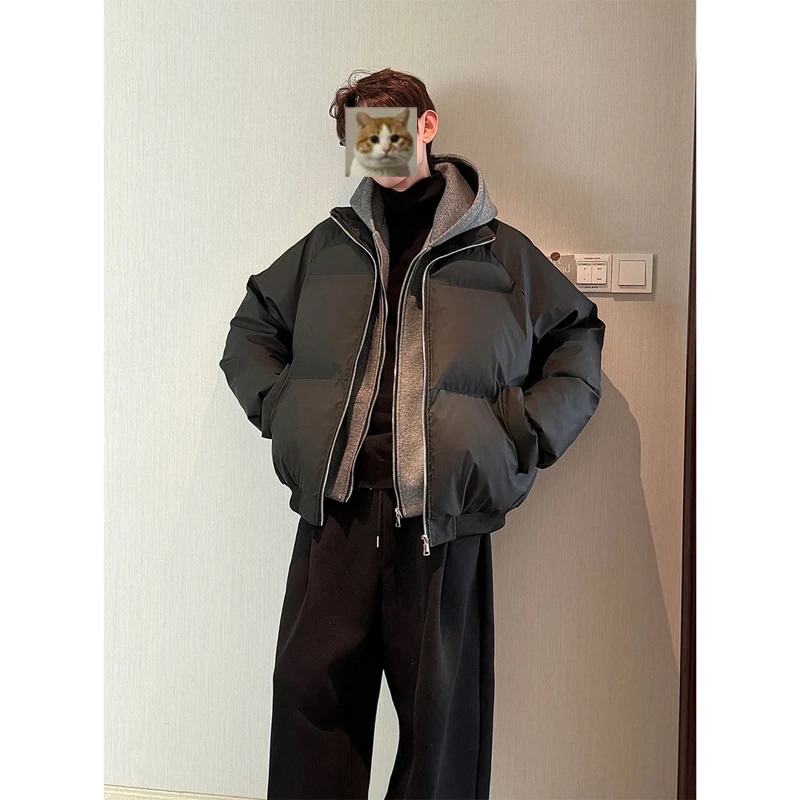 美式【假两件】冬季连帽PU皮双拉链加厚棉服男宽松保暖百搭棉衣外套