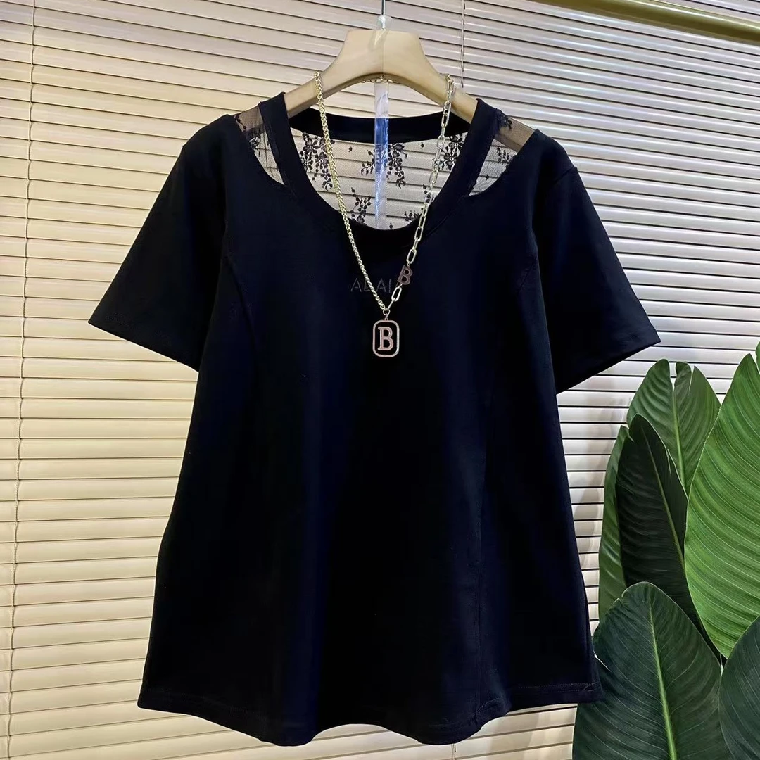 A欧货时尚新款镂空蕾丝美背字母设计款短袖上衣