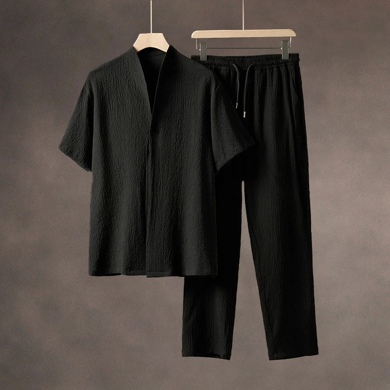 新中式唐装立领短袖衬衫套装男士夏季新款高级爆款冰丝休闲两件套