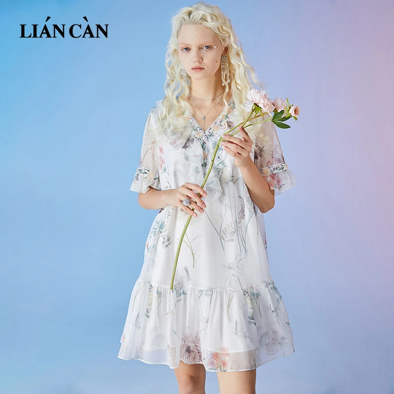 浪漫波西米亚前V领荷叶边雪纺短袖连衣裙71VF124027
