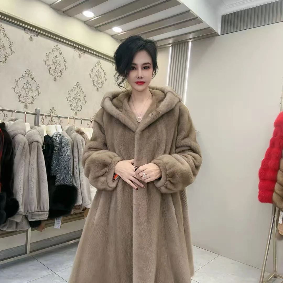 2505水貂冬季女士高端时尚连帽皮草外套P-衣长95cm