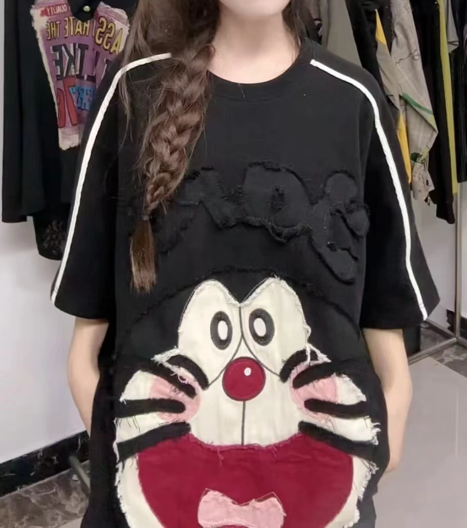 【娜娜推荐】L68993潮牌设计师重工贴布叮当猫短袖