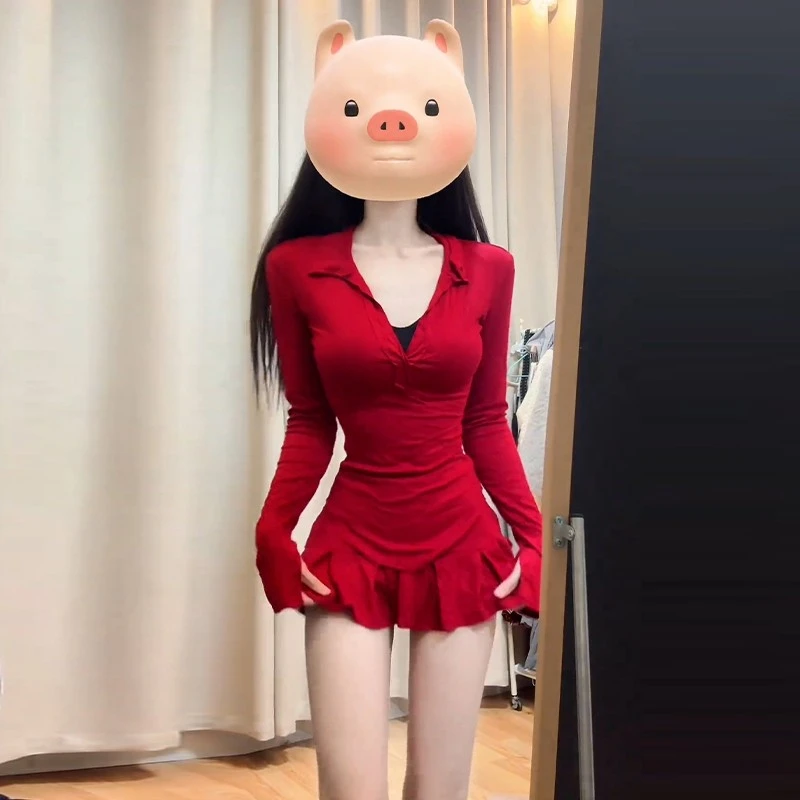 设计感小众红色性感翻领连衣裙女装秋季独特漂亮收腰显瘦包臀裙子