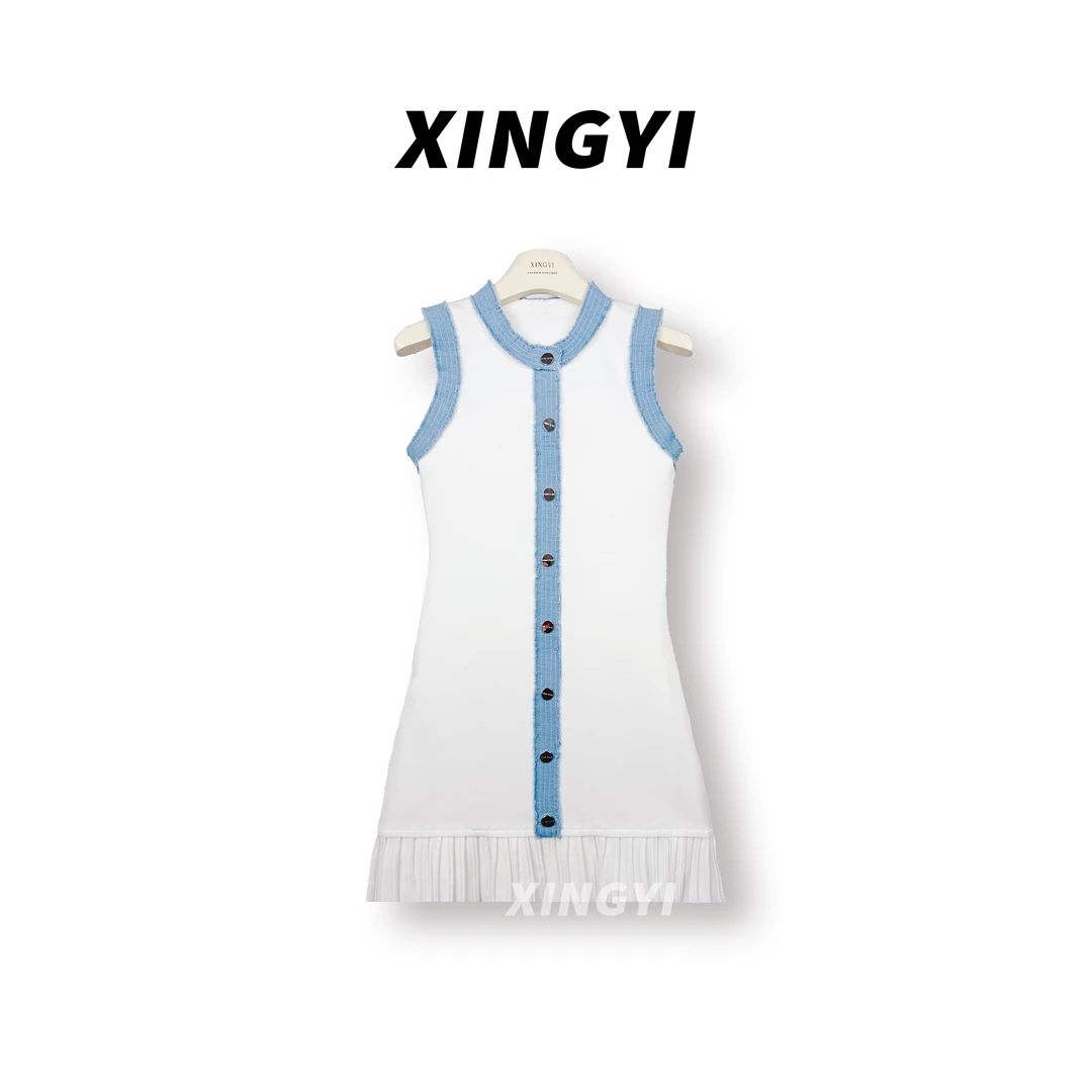 『XINGYI』夏季新款时髦气质牛仔边拼接连衣裙XY9375