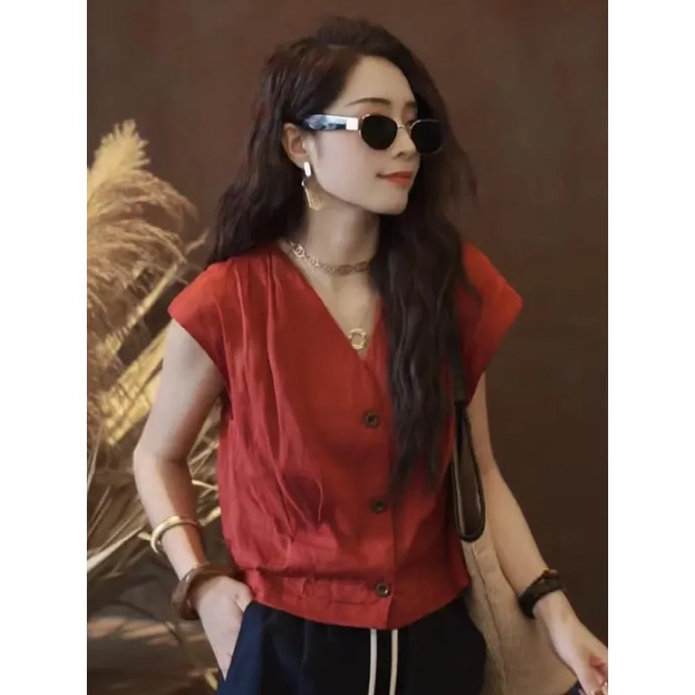 无袖气质小衫薄款纯色V领夏季设计感简约上衣时尚休闲修身纯色T恤