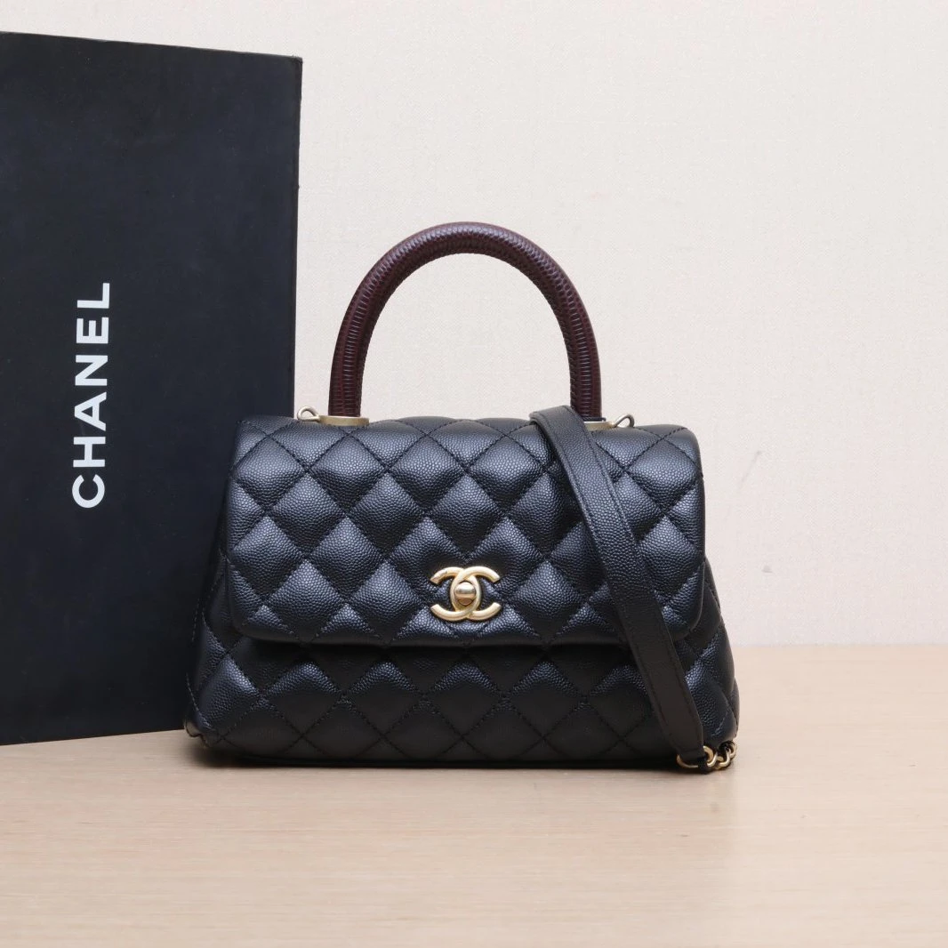 99新 Chanel/香奈儿 花花 Handle 小号 荔枝皮革C 蜥蜴压纹手柄