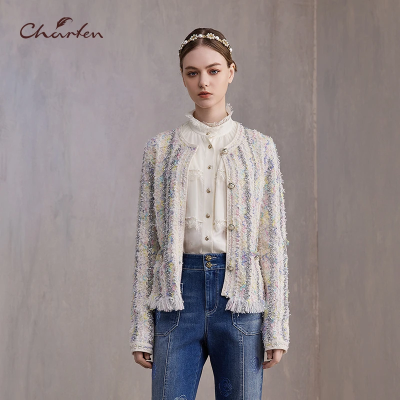 【蜜思仝专属】朝峰秋季圆领绣花海贝白开衫气质显瘦CFE3F818-8053C