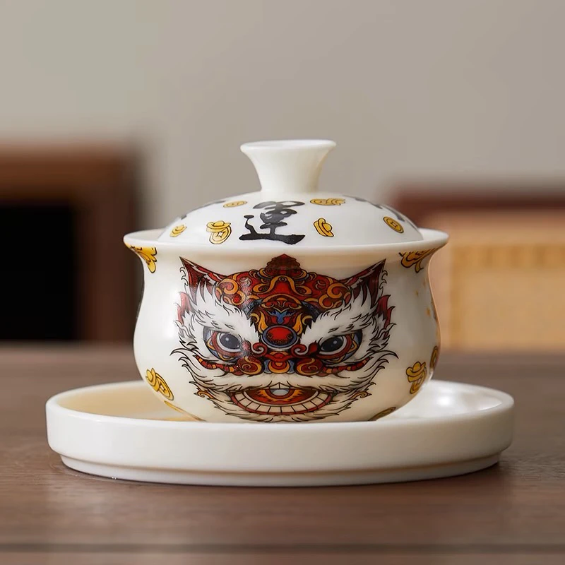 国潮悬停三才大壶承盖碗陶瓷醒狮时来运转功夫茶具白瓷茶盖碗泡茶