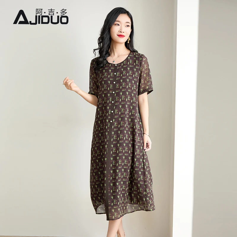 阿吉多复古印花短袖连衣裙女夏季新款大码典雅气质妈妈圆领长裙子