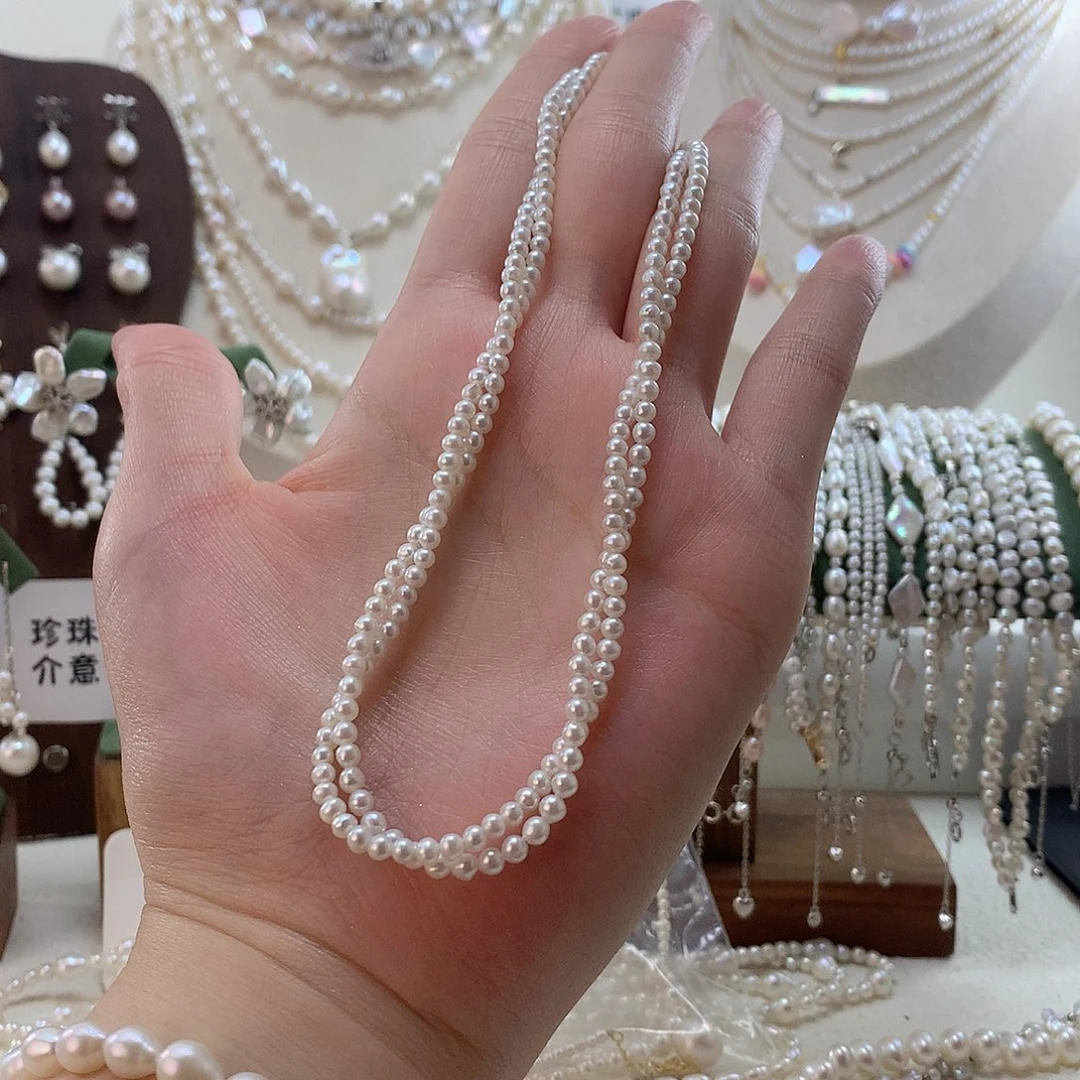 重***发颈饰淡水珍珠银S925镶嵌双层