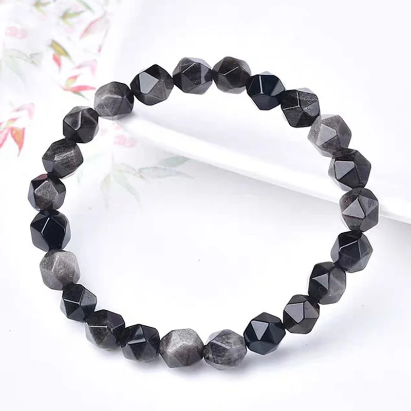 天然银曜石菱形百搭切面刻面不规则手链黑曜石银耀石手串单圈时尚