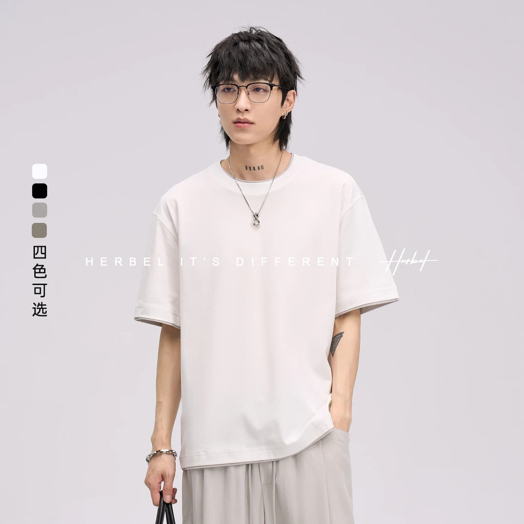 HERBEL/黑白25年夏季男式简约休闲撞色短袖日常百搭通勤透气T恤