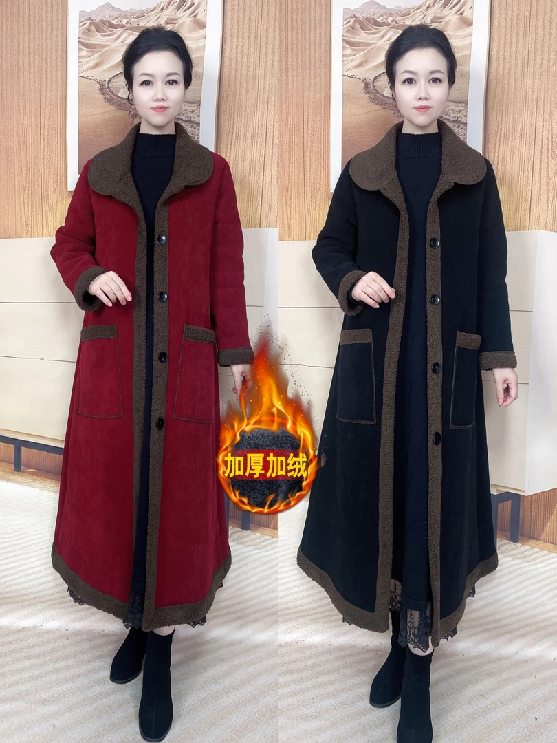 秋冬新装加绒加厚中长款洋气风衣妈妈冬装翻领保暖宽松外套25109