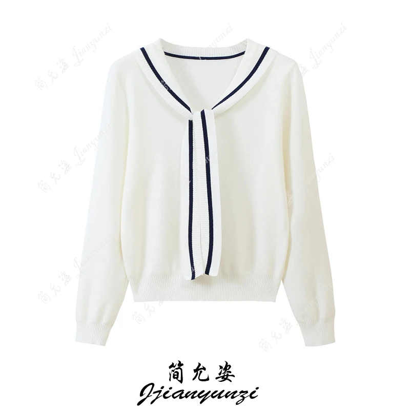 设计感撞色绑带长袖针织衫毛衣女秋冬季时尚减龄学院风打底上衣潮