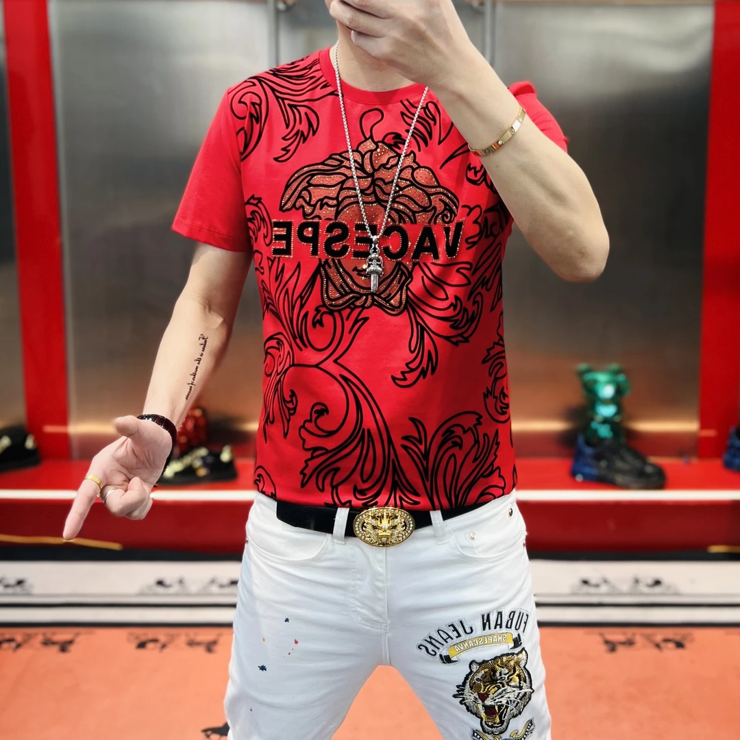 夏季新款高清提花烫钻植绒人头时尚百搭痞帅霸气显瘦男士短袖潮