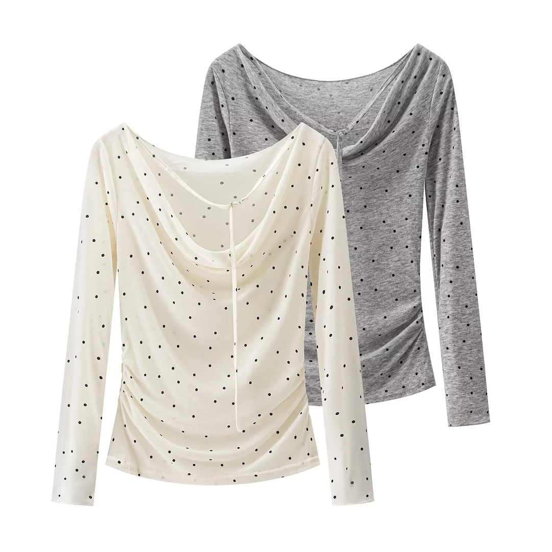 QY5839秋季款纯欲风荡领系带长袖T恤褶皱收腰修身显瘦波点上衣