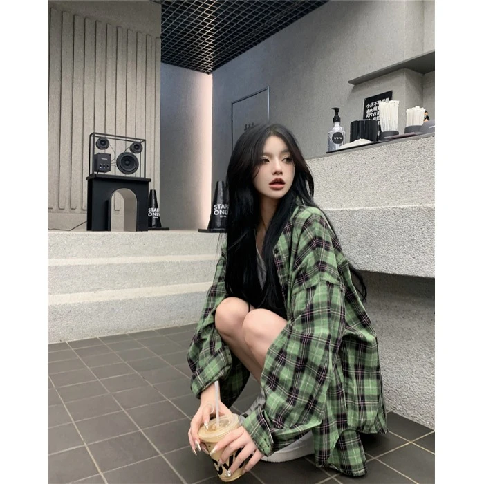 绿色格子防晒衬衫女夏季薄款小个子外搭开衫宽松衬衣外套长袖上衣