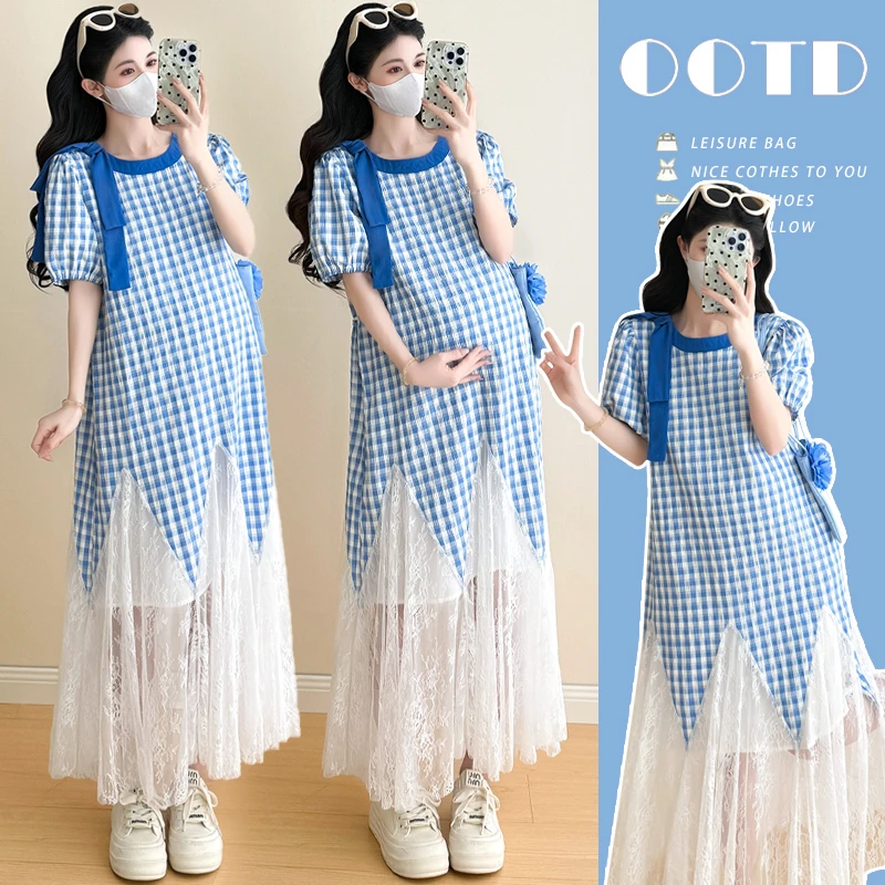 孕妇装夏装2025新款夏季外穿设计感重工艺格子蕾丝拼接鱼尾连衣裙
