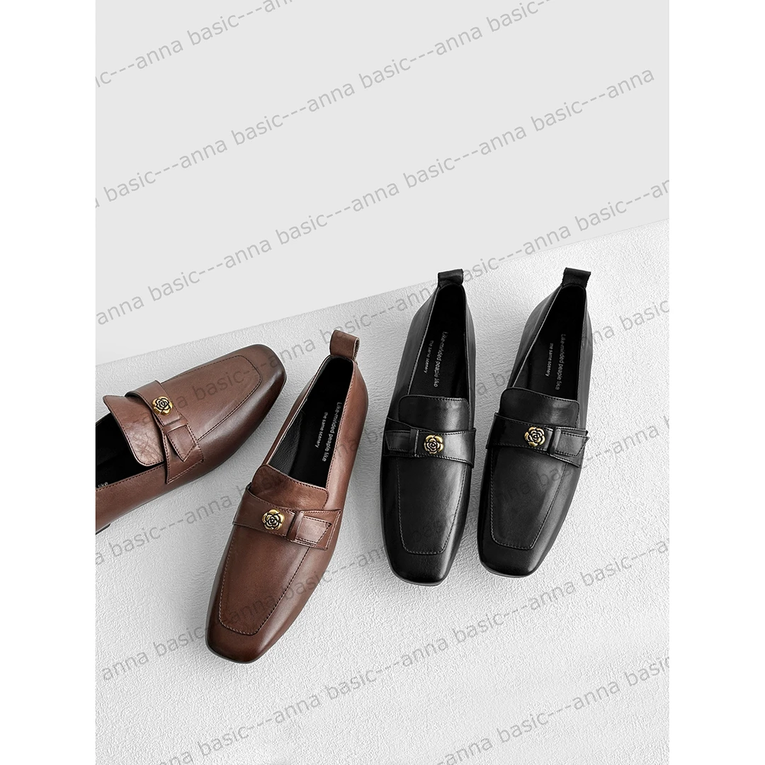 1.5cm/FC1837牛皮方头平底鞋女春秋深口乐福鞋大小码33码41码42