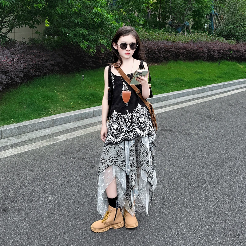 女童夏季2025海边度假风印花吊带背心法式不规则短款半身裙套装潮