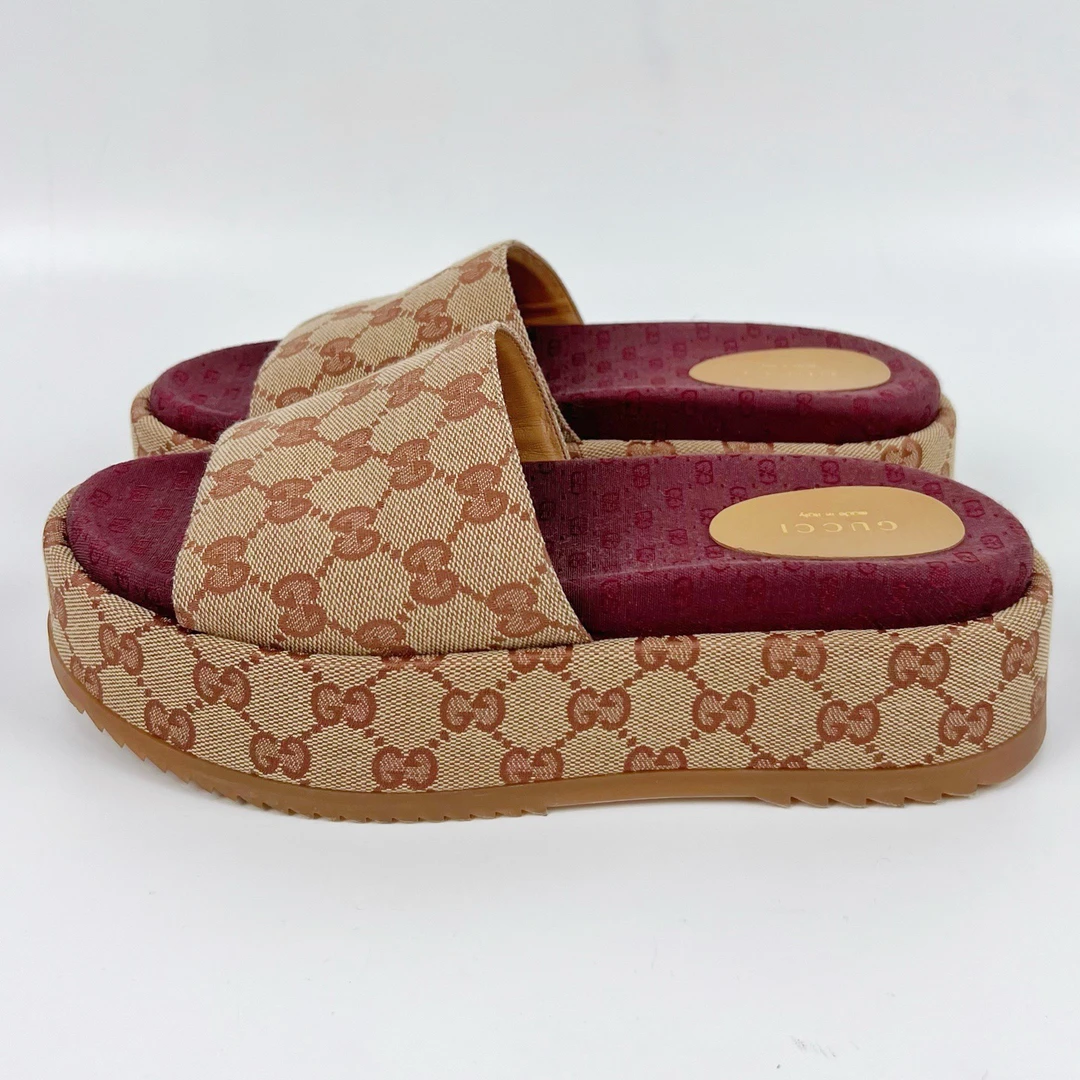 99新 GUCCI/古驰 38码 Gucci棕色印花厚底拖鞋 xz0484