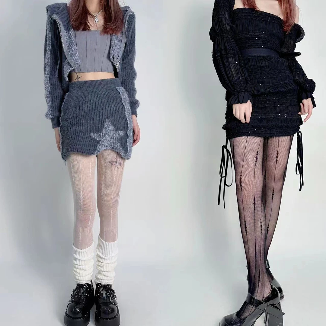 新品设计感线条辣妹高级冷性风几何吊线提花网袜性感打底裤袜黑色