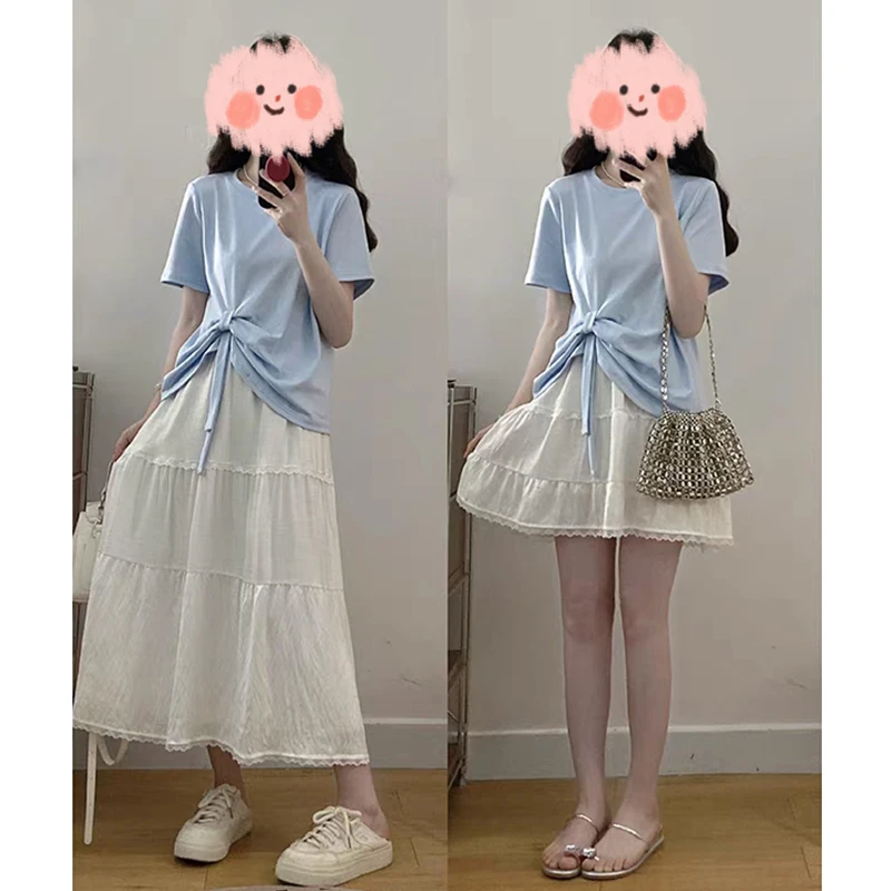 大码夏季微胖显瘦蝴蝶结短袖T恤短裙6810#长裙6809#两件套