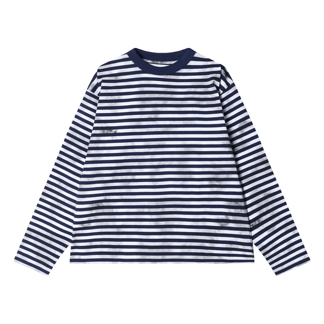 春夏新款时尚个性休闲条纹简约圆领高品质舒适百搭通勤宽松长袖