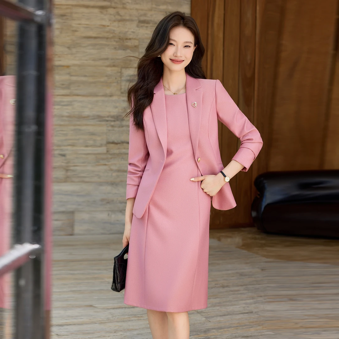 春秋玫瑰粉西装套裙翻领中长款女显瘦韩版正装名媛修身型AWY8515